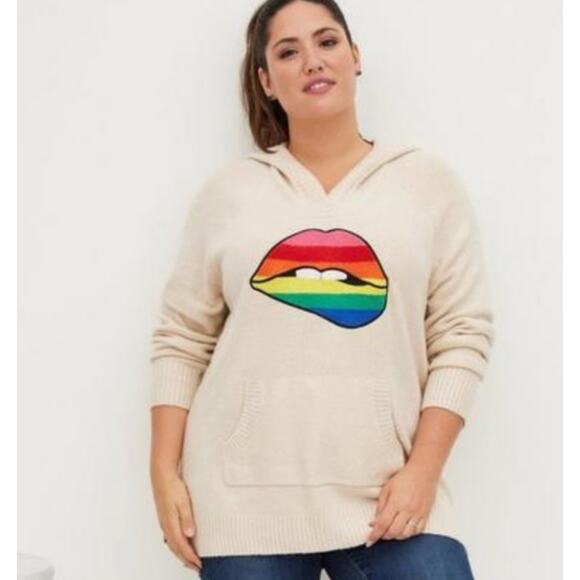 torrid Sweaters - Torrid Raglan Hoodie Sweater in Rainbow Lips Oatmeal Long Sleeve Rainbow lips 2X